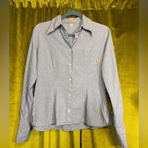 Vintage Y2K Guess Light Blue Denim Button Down Blouse with tan sunflowers Size M